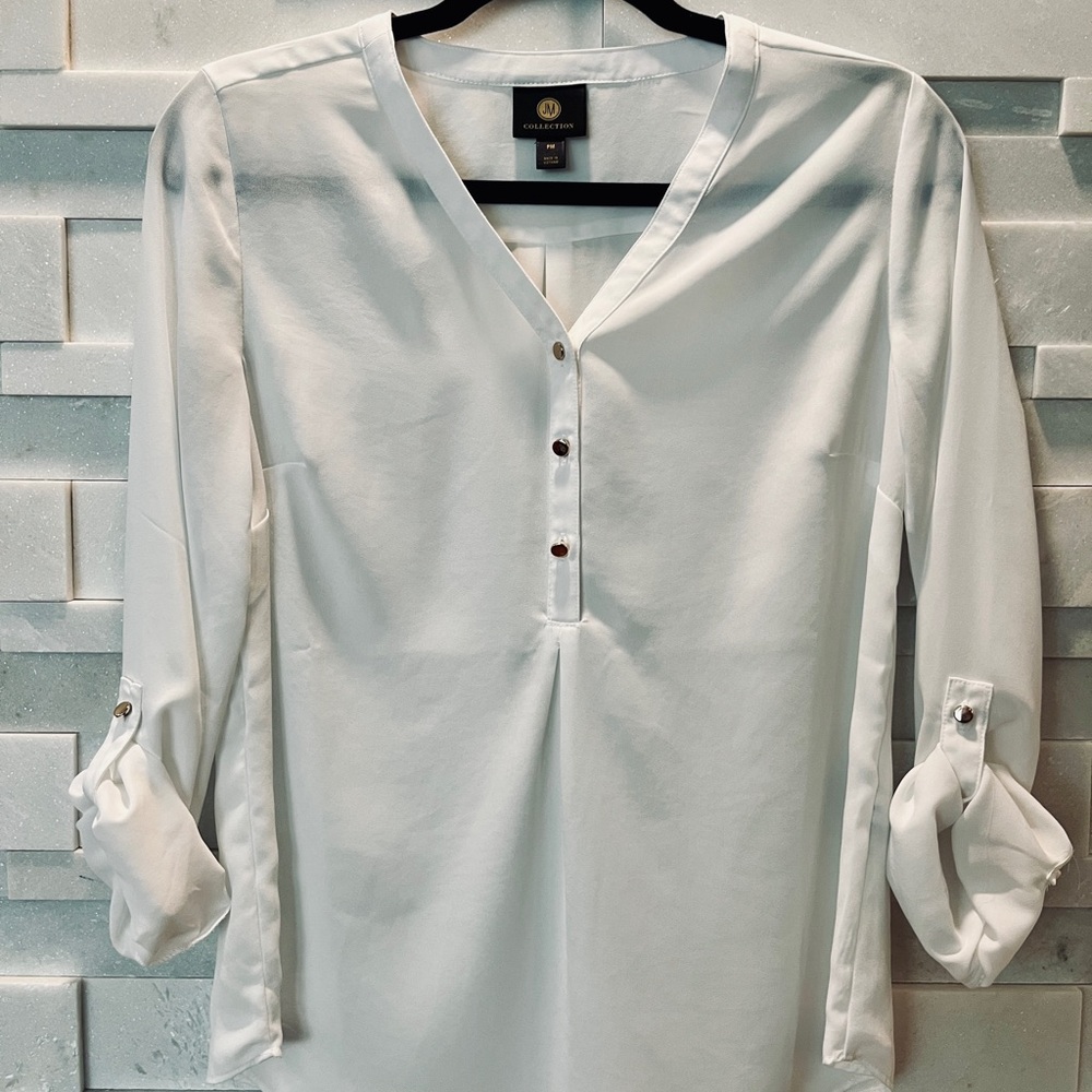 JM Collection White Sheer Long-sleeve Blouse Minimalist - Women’s PM